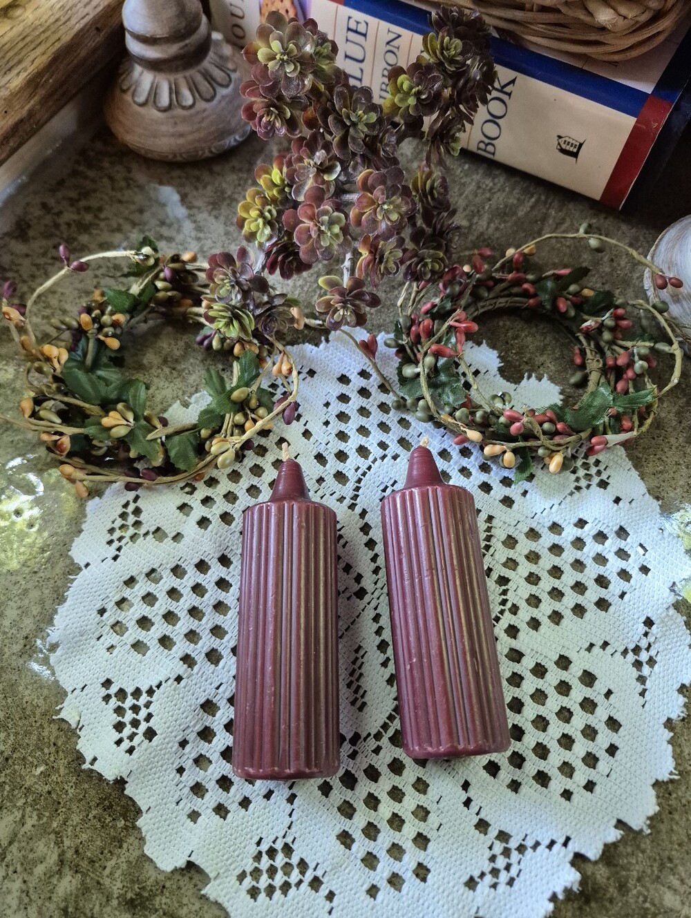 🌿5/$25 5pc. Prim. Decor Lot Candle Sticks, Berry Rings, Faux Greenary Bundle